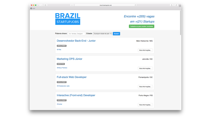Primeira versão do Brazil Startup Jobs